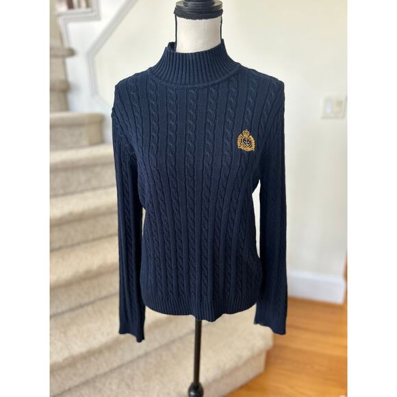 Vintage Ralph Lauren Navy Cotton Cableknit Anchor Crest Logo Sweater - Picture 1 of 6